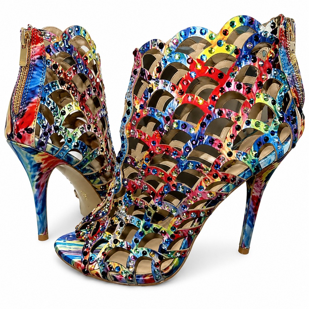 Zigi Soho Rhinestone Cage Heels 6 Multicolor Stiletto Open Toe Homecoming Prom
